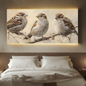 Panoramic Sparrow Bird Wall Art, Realistic Three Birds on Branches Canvas Print, Neutral Rustic Farmhouse Decor, Warm Tone Bird Illustration