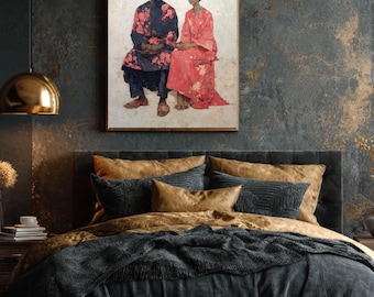 Euan Uglow Style African Couple Portrait, Floral Gown Oil Painting Canvas, Modern Cultural Wall Art, Seated Couple Vertical Portrait Decor