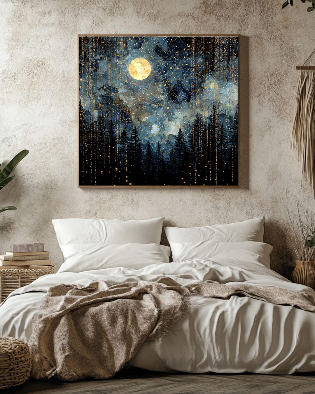 Celestial Full Moon Night Sky Square Canvas, Fantasy Forest Wall Art ...