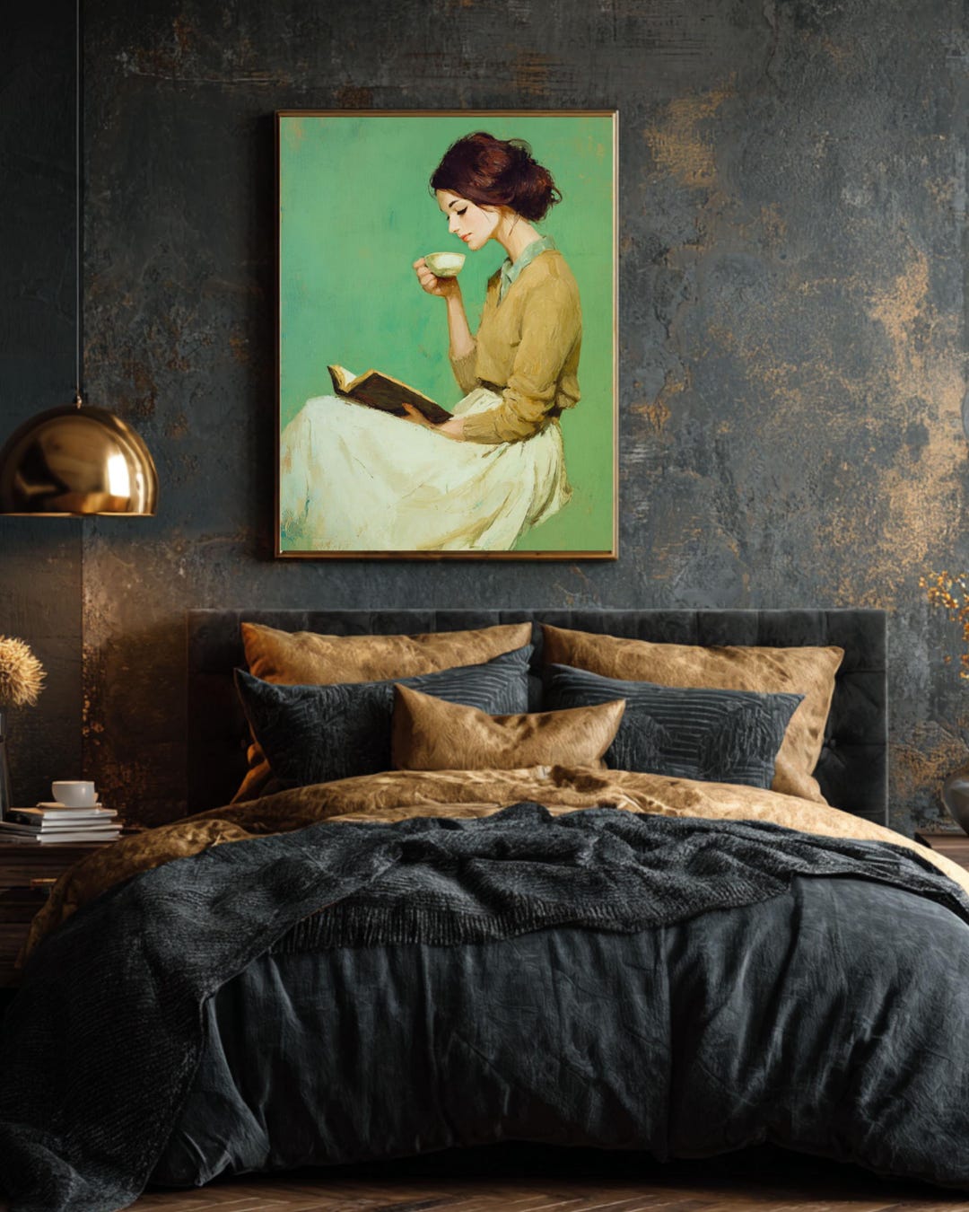 Vintage Woman Reading With Coffee Oil Painting, Cozy Academic Wall Art ...