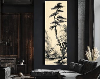 May include: A vertical landscape painting in black and white. The artwork depicts a tall, slender tree with a winding trunk, set against a backdrop of mountains and a serene river. The style is reminiscent of traditional Asian ink wash painting.