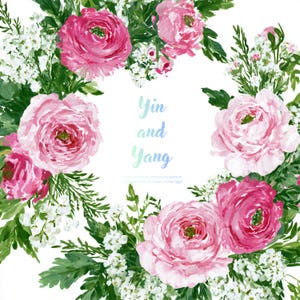 May include: A watercolour floral wreath design with pink and white flowers and green leaves. The text "Yin and Yang" is displayed in a light blue font. Ideal for invitations, the image has a painted style.