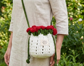 Bolso de ganchillo hecho a mano con cordón y diseño de rosa, bolso bandolera floral en 3D, regalo único hecho a mano para ella.