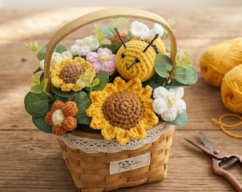 Cesta de girasoles y abejas de ganchillo hecha a mano, arreglo floral artificial en cesta con asa de bambú, decoración rústica para el hogar, regalo para el Día de la Madre.