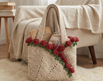 Bolso tote de ganchillo hecho a mano con diseño de rosas, bolso tote de algodón con estampado floral en 3D, bolso de hombro estilo cottagecore, bolso de mano tejido de gran capacidad, regalo único para mujeres.