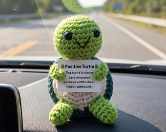 Emotional Support Turtle Crochet Plush, Positive Turtle Desk Decor, Anxiety Relief Gift with Encouragement Card, Mini Handmade Figurine