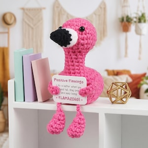 Handmade Crochet Emotional Support Flamingo, Positive Message Desk Decor, Cute Pink Plush Statue, Office Comfort Gift