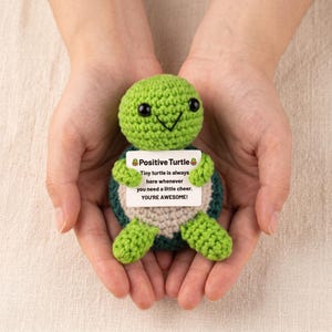 May include: A handmade green crochet turtle with a smiling face and a white sign that reads "Positive Turtle". The sign says "Tiny turtle is always here whenever you need a little cheer. YOU'RE AWESOME!"