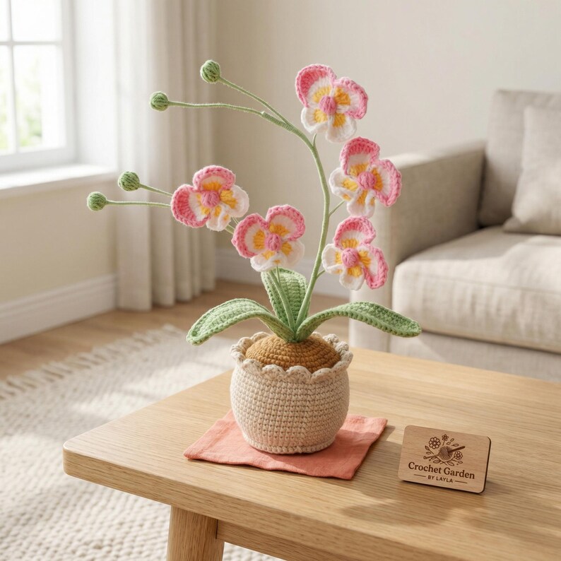 May include: A crocheted orchid plant with pink, white, and yellow flowers in a beige pot. The plant sits on a small, square, peach-colored cloth. A wooden sign with the text "Crochet Garden by Layla" is next to the plant.