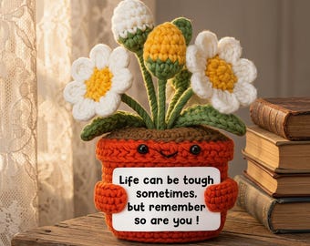 Maceta decorativa de ganchillo hecha a mano con tarjeta de cita positiva, regalo de apoyo emocional, mini planta de escritorio para la oficina, regalo de ánimo de cumpleaños
