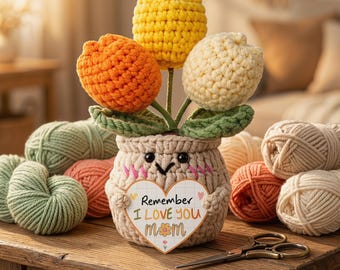 Maceta de tulipanes de ganchillo hecha a mano con tarjeta motivacional, linda decoración de escritorio con una sonrisa, regalo de apoyo emocional para ella, adorno floral para la oficina.