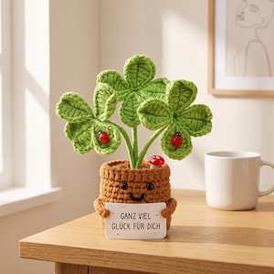 Planta de trébol de cuatro hojas tejida a crochet, decoración de escritorio de la suerte, regalo de apoyo emocional, mini planta en maceta, decoración de oficina de la buena suerte, regalo hecho a mano