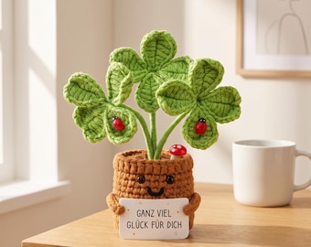 Crochet Four Leaf Clover Plant, Lucky Desk Decor, Emotional Support Gift, Mini Potted Plant, Good Luck Office Decor, Handmade Gift