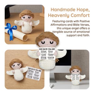 May include: Crocheted angel figurines with brown hair and white wings. Each angel holds a card with positive affirmations and Bible verses. The image includes a rolled diploma with a blue ribbon.