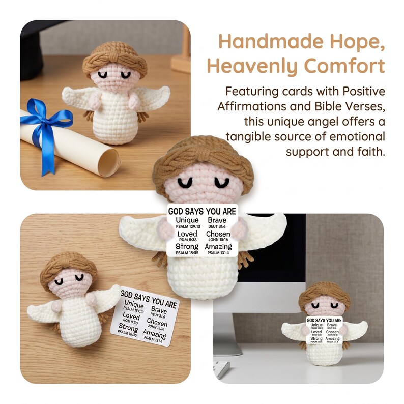 May include: Crocheted angel figurines with brown hair and white wings. Each angel holds a card with positive affirmations and Bible verses. The image includes a rolled diploma with a blue ribbon.