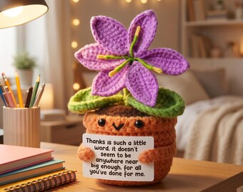 Handmade Crochet Potted Flower with Motivational Sign, Cute Emotional Support Desk Decor, Small Office Plant Gift for Her Student