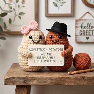 Crochet Positive Potato Couple Plush, Handmade Romantic Desk Decor, Emotional Support Gift for Anniversary Valentine Couple Gift Set