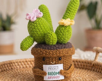 Cactus de ganchillo hecho a mano con tarjeta inspiradora – Bonita decoración de escritorio para brindar apoyo emocional – Regalo de planta artificial para estudiantes de oficina