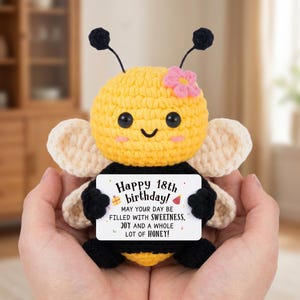 Può includere: Un peluche a forma di ape realizzato all'uncinetto con testa gialla, corpo nero e ali color crema. Presenta un fiore rosa sulla testa e tiene in mano un cartello rettangolare bianco con la scritta: Happy 18th birthday! May your day be filled with sweetness, joy and a whole lot of honey!