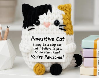 Handmade Crochet Lucky Cat Figurine with Pawsitive Card, Emotional Support Desk Pet, Pocket Hug Gift, Cute Calico Cat Decor