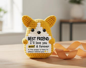 Handgefertigte häkeln Corgis Figur mit Inspirationskarte, emotionale Unterstützung Hund Dekor, süße Schwester Geschenk, beste Freundin Geburtstagsgeschenk
