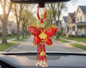 Adorno de mariposa china, decoración colgante roja de la suerte, dije de borla de satén hecho a mano, colgante para espejo retrovisor de coche Feng Shui, regalo de Año Nuevo Lunar