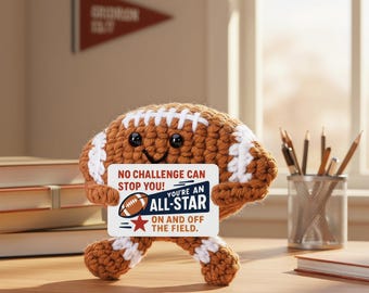 Handmade Crochet Football Plush with ALL-STAR Card, Emotional Support Toy, Stress Relief Desk Decor, Sports Fan Gift