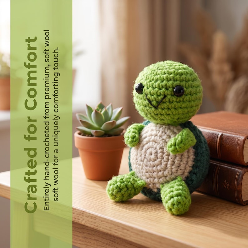 May include: A handmade green and cream crochet turtle with black eyes and a smiling face. The turtle is sitting on a wooden surface next to a small potted succulent and a stack of books. The text "Crafted for Comfort" is visible.