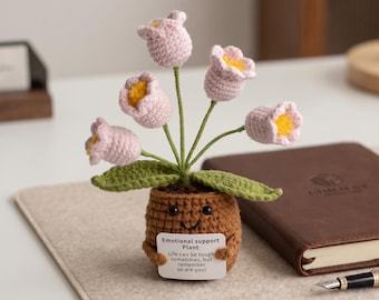 Lirio de los valles en maceta, hecho a mano con ganchillo, con tarjeta de apoyo emocional. Bonita decoración para el escritorio, regalo para aliviar la ansiedad, decoración positiva para la oficina.