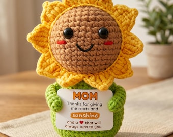 Handmade Crochet Sunflower Doll with Inspirational Card, Mothers Day Gift for Mom, Positive Desk Decor, Birthday Surprise Figurine