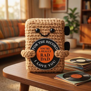 May include: A tan crocheted plush figure with black button eyes and a smiling mouth, holding a circular sign that reads: FOR THE RECORD YOU'RE A REALLY RAD DAD I LOVE YOU. The figure has two small black knobs on the side and a textured yarn surface.