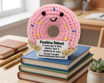 Peluche de donut positivo hecho a mano con ganchillo y tarjeta de afirmación, juguete de apoyo emocional, bonita decoración de escritorio, regalo para aliviar la ansiedad