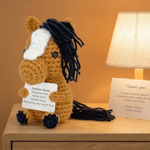 May include: A crocheted brown horse toy with a white blaze on its face and a black mane and tail. The horse holds a white sign that reads: Positive Horse, I may be a tiny horse, but I believe in you. Keep going, you've got this! It has black eyes.