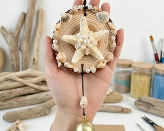 ヒトデ付き海岸風貝殻風鈴、手作りの木製貝殻吊り下げ装飾、家庭、庭、車へのギフトに最適なビーチスタイルの風鈴