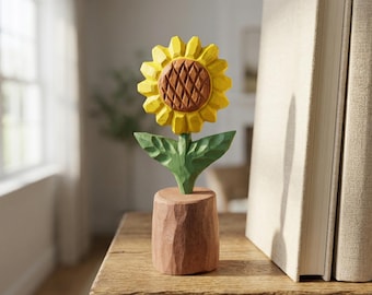 Decoración de girasol de madera tallada a mano, escultura rústica de flor de madera estilo granja, centro de mesa hecho a mano, regalo para el hogar con girasol