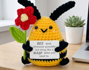 Peluche de abeja de apoyo emocional hecho a mano con ganchillo, mini llavero de abeja inspirador con tarjeta positiva, regalo para la decoración del escritorio que alivia la ansiedad.