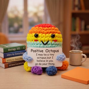 Peut inclure: Une pieuvre crochetée avec une tête aux couleurs de l'arc-en-ciel et des tentacules bleus, jaunes et violets. Elle tient un panneau blanc avec le texte : Positive Octopus, I may be a tiny octopus, but I believe in you. go do your thing.