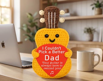 Peluche de guitarra de ganchillo hecho a mano para apoyo emocional, regalo del Día del Padre para papá, muñeco de guitarra amigurumi inspirador, decoración de escritorio