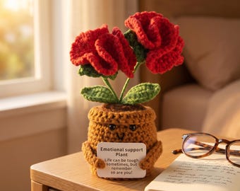 Clavel de ganchillo hecho a mano en maceta, regalo de apoyo emocional, bonita decoración de escritorio, maceta artificial, regalo de graduación o cumpleaños.