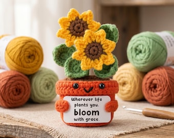 Maceta de girasol de ganchillo hecha a mano, regalo de agradecimiento para profesores, decoración de escritorio de agradecimiento para profesores, planta con mensaje positivo, regalo de graduación