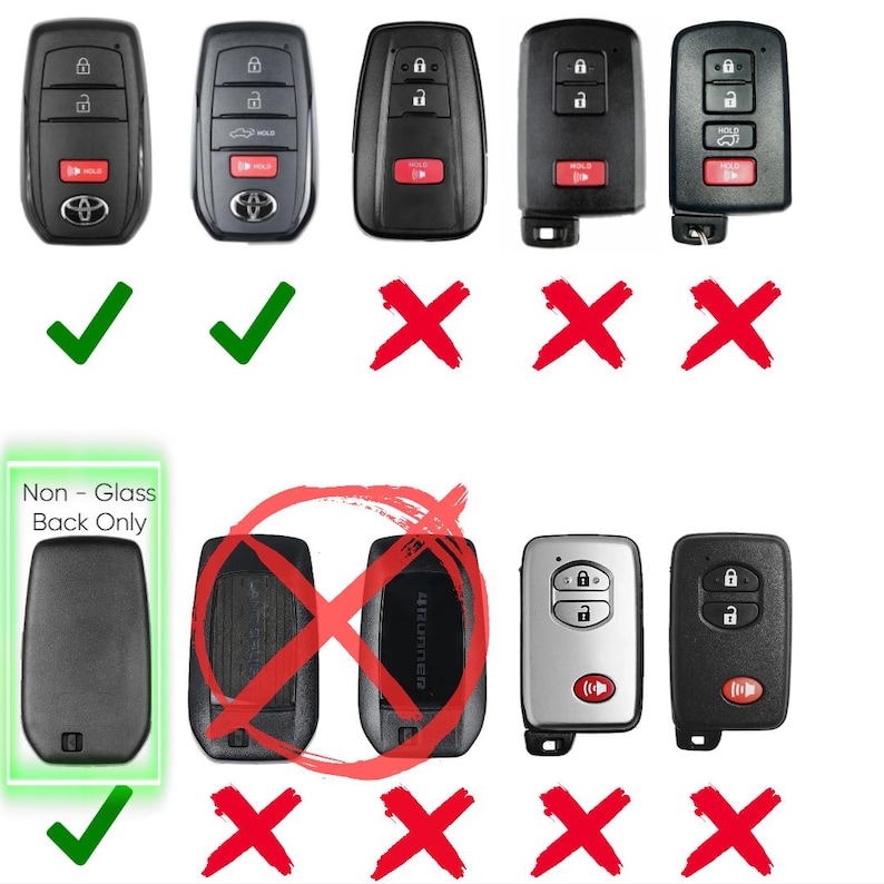 May include: A collection of black plastic automotive key fobs with various button configurations, including lock, unlock, and red panic buttons. Some fobs feature Toyota logos. A green box highlights a non-glass back fob, while red X marks indicate incompatible models.