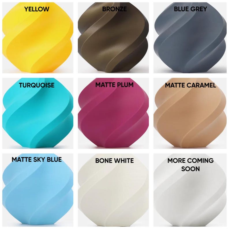 May include: A grid of nine spherical objects with a twisted, spiral design. The colors include yellow, bronze, blue grey, turquoise, matte plum, matte caramel, matte sky blue, and bone white. The final position displays the text More Coming Soon.