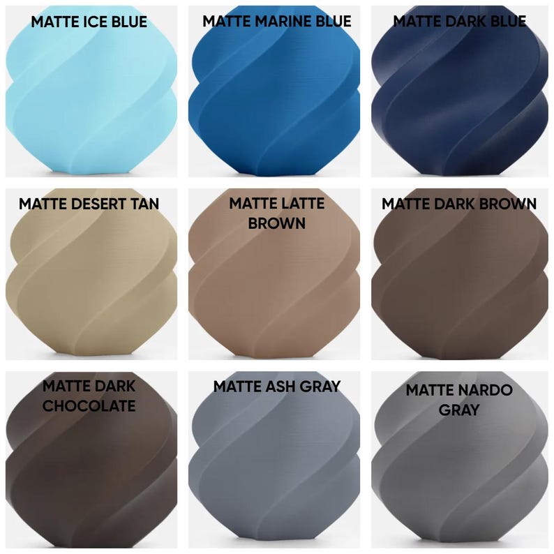 May include: A grid of nine spiral-shaped vases in various matte colors, labeled as Matte Ice Blue, Matte Marine Blue, Matte Dark Blue, Matte Desert Tan, Matte Latte Brown, Matte Dark Brown, Matte Dark Chocolate, Matte Ash Gray, and Matte Nardo Gray.