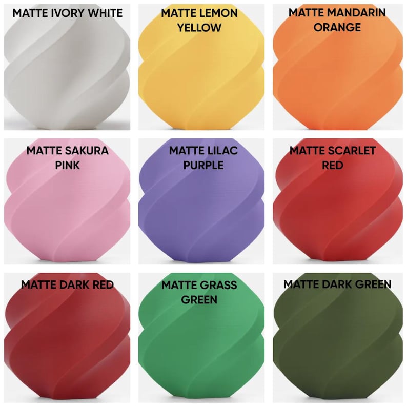 May include: A grid of nine spherical objects with a twisted, spiraled surface texture in matte finishes. Colors include ivory white, lemon yellow, mandarin orange, sakura pink, lilac purple, scarlet red, dark red, grass green, and dark green.