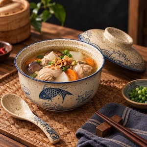 May include: A ceramic soup bowl with a matching lid and spoon, featuring a speckled cream finish, blue fish illustrations, and wave patterns. The bowl is filled with a chicken and vegetable soup containing carrots, mushrooms, and green onions.