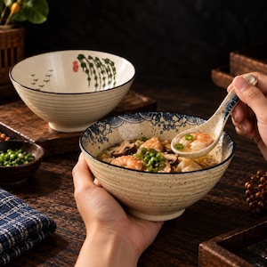 May include: A ceramic bowl with a speckled beige exterior and a blue floral pattern along the inner rim, filled with a shrimp and mushroom soup. A matching ceramic spoon holds a shrimp, and a second empty bowl features green painted willow branches.