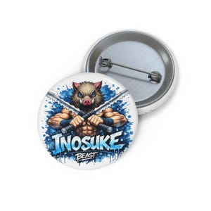 May include: Two white round badges. One badge features a muscular character with a boar's head, crossed swords, and the text "INOSUKE BEAST" in blue. The other badge is blank.