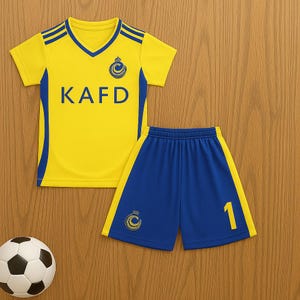 Puede incluir: Un conjunto de uniforme de f&uacute;tbol amarillo y azul con el texto "KAFD" en la camiseta. Los pantalones cortos tienen el n&uacute;mero "1". Tambi&eacute;n hay un bal&oacute;n de f&uacute;tbol en la imagen.