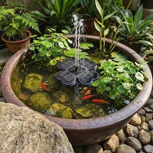 Może przedstawiać: Brązowa ceramiczna donica ogrodowa wypełniona wodą, roślinami wodnymi i małymi czerwonymi rybami. Czarna, w kształcie koniczyny, fontanna solarna rozpyla wodę w górę. Skały i kamyki otaczają donicę, z zielonymi roślinami w tle.