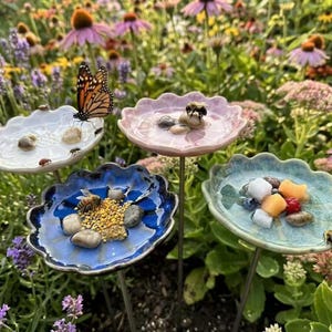 Peut inclure: Quatre tuteurs de jardin en céramique en forme de fleur, de couleurs blanc, rose, bleu et vert clair. Chaque coupelle contient des petits cailloux, des morceaux de fruits ou du pollen. Un papillon monarque se pose sur la coupelle blanche.